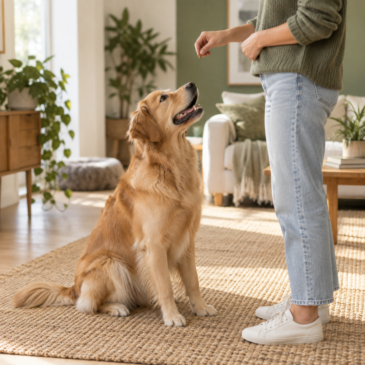 Illustrative scene of a golden retriever paying attention to a reward during practice at home